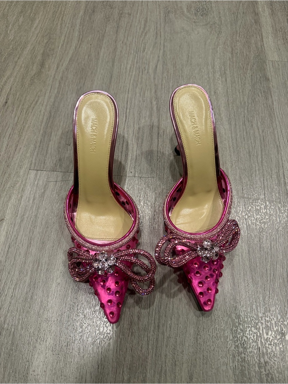 MACH & MACH Pink Double Crystal Bow Pointed Toe Mule Size 37